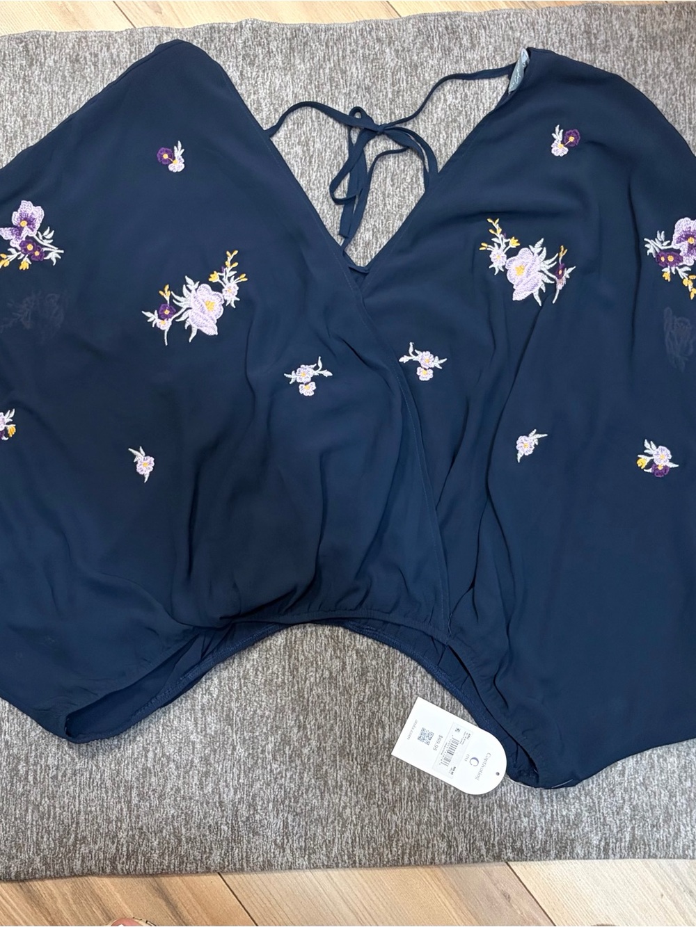 NWT! ARULA Navy Blue Floral Embroidered Wrap Blouse